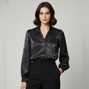 Vtg Black Satin Like Metallic Foliage Print Balloon Sleeve Blouse Size 6